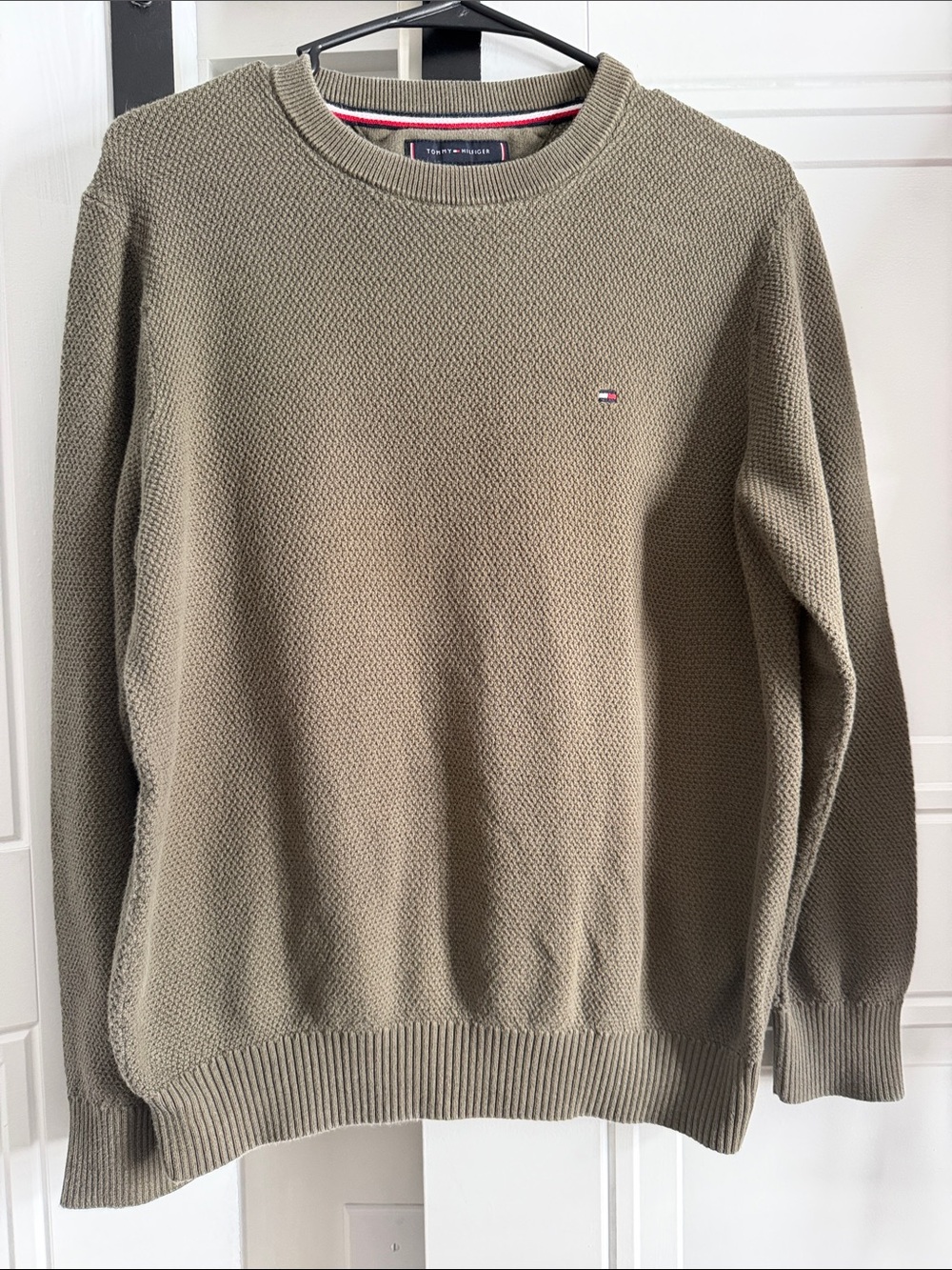 Tommy Hilfiger Olive Crewneck Sweater with Flag Logo